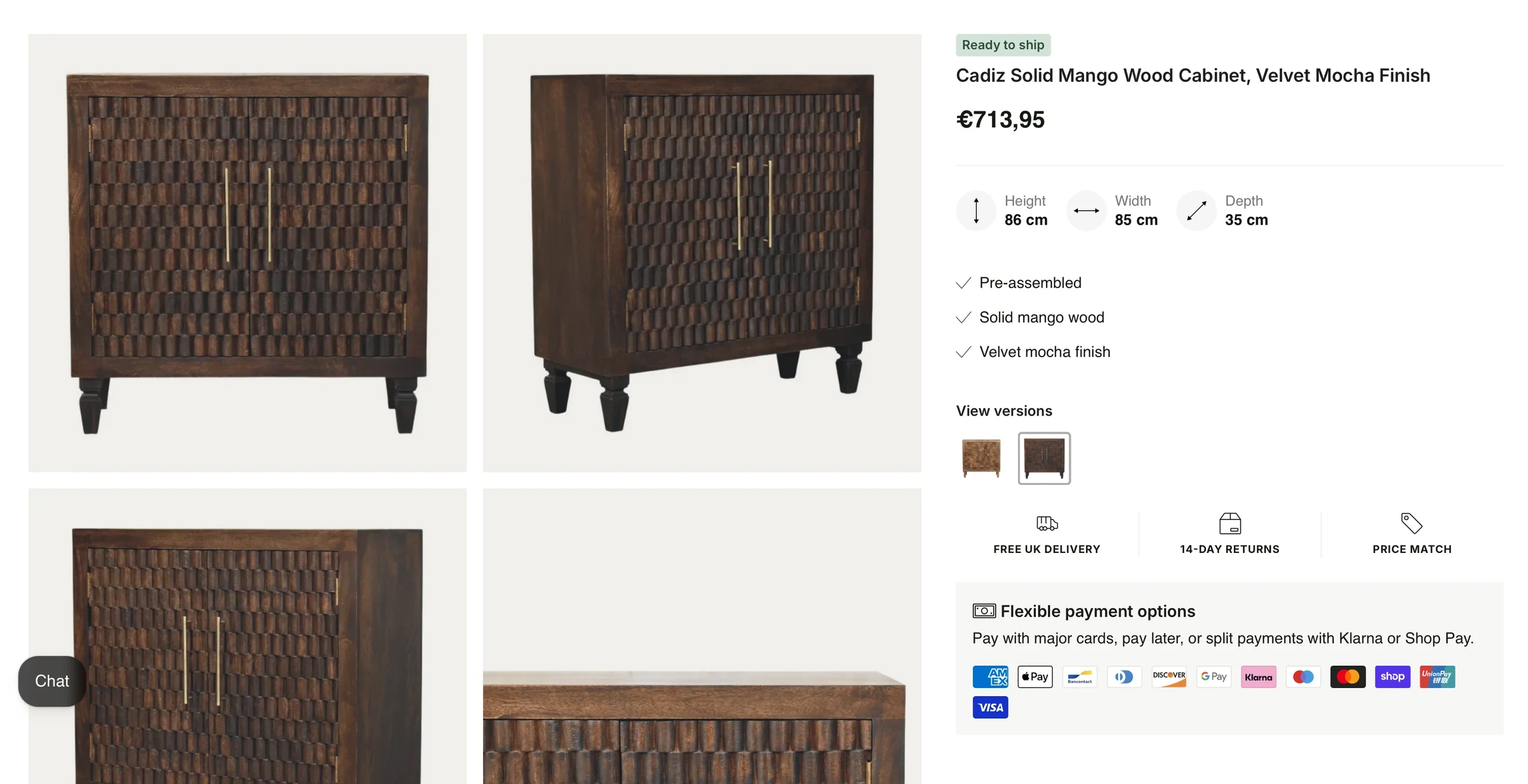 Ashford Furniture — Product pages bring stock availability, dimensions and finish options together.