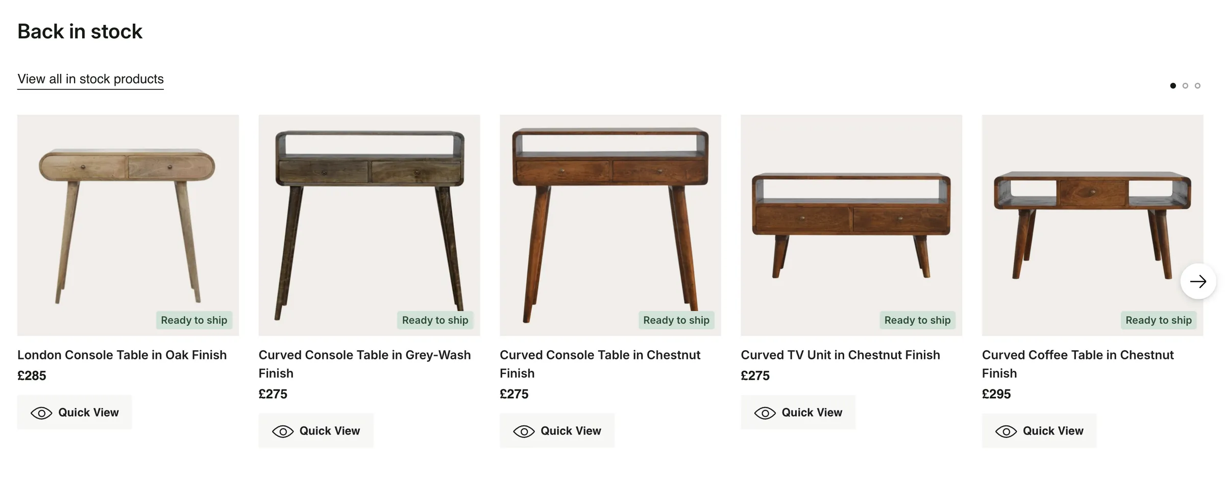 Ashford Furniture — A Back in stock carousel of ready-to-ship console tables, TV units and coffee tables with prices.