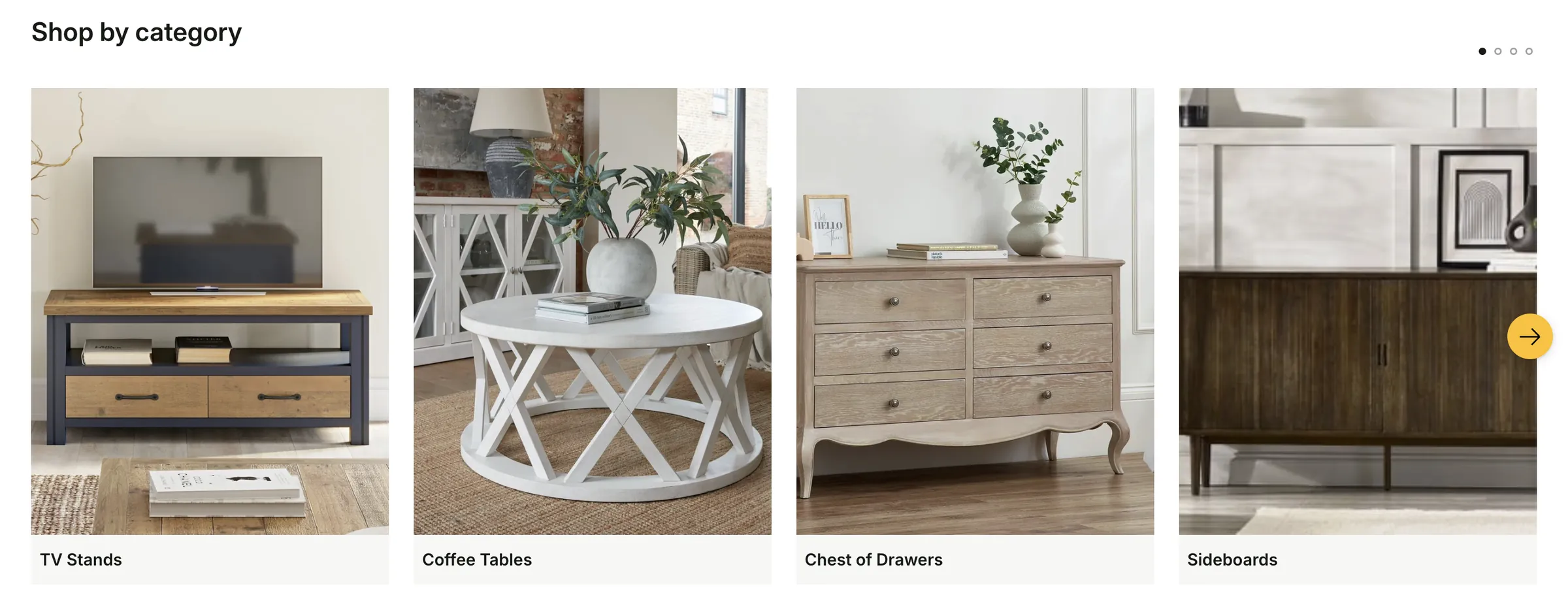Ashford Furniture — A shop by category carousel with TV stands, coffee tables, chests of drawers and sideboards.