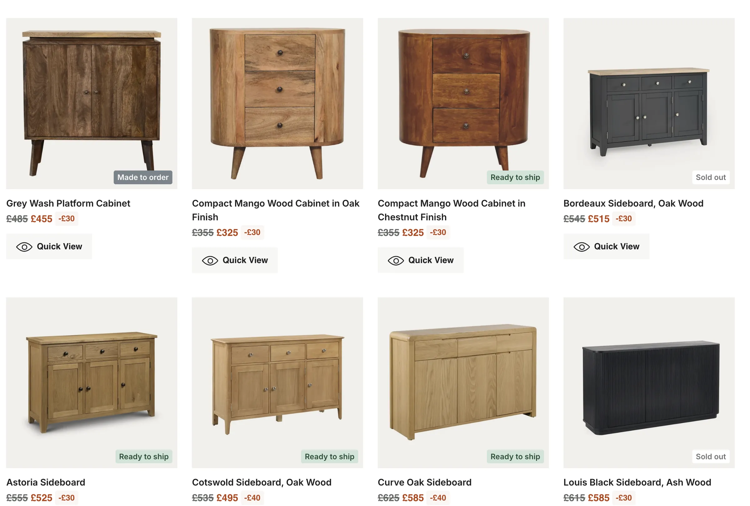 Ashford Furniture — A product listing with Ready to ship, Made to order and Sold out labels and clear price savings.