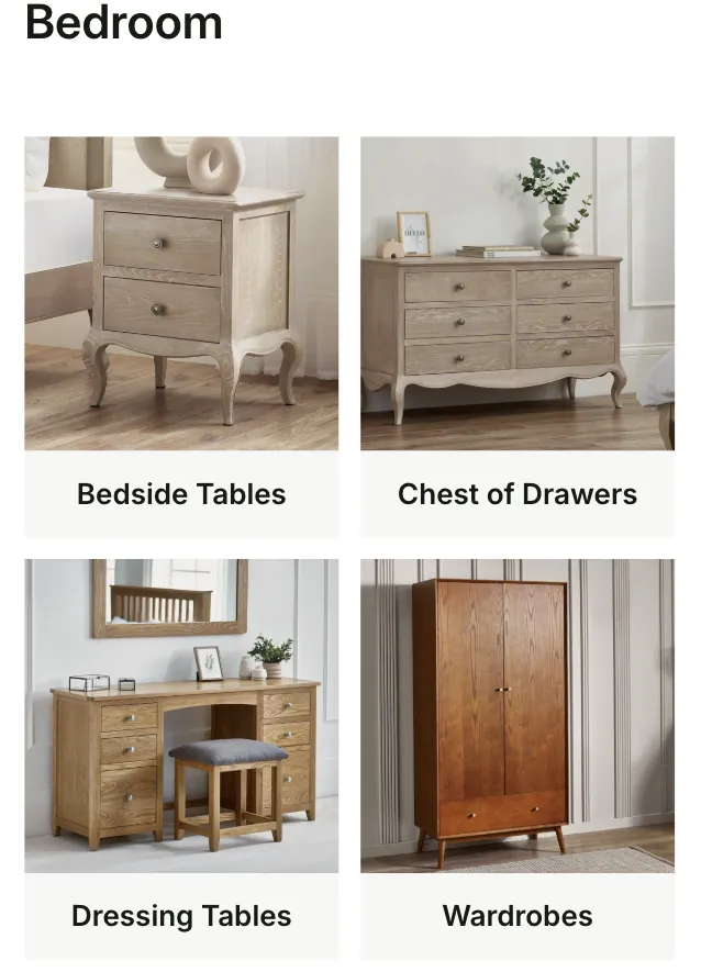 Ashford Furniture — Mobile bedroom category tiles including bedside tables, chests of drawers, wardrobes and beds.
