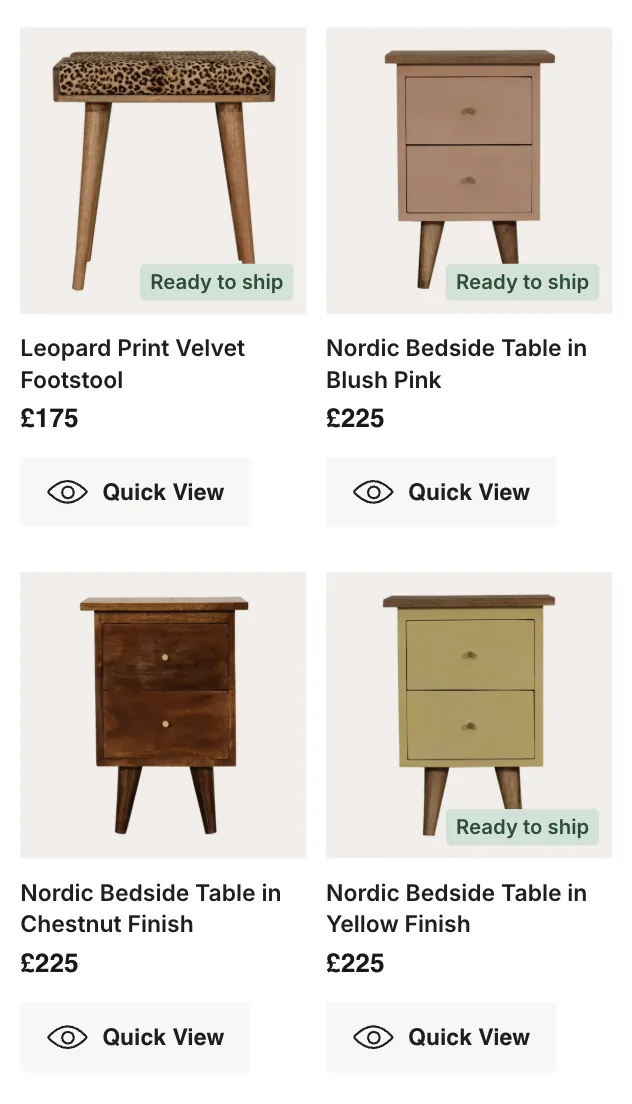 Ashford Furniture — Mobile product listing with Ready to ship labels, prices and quick view buttons.