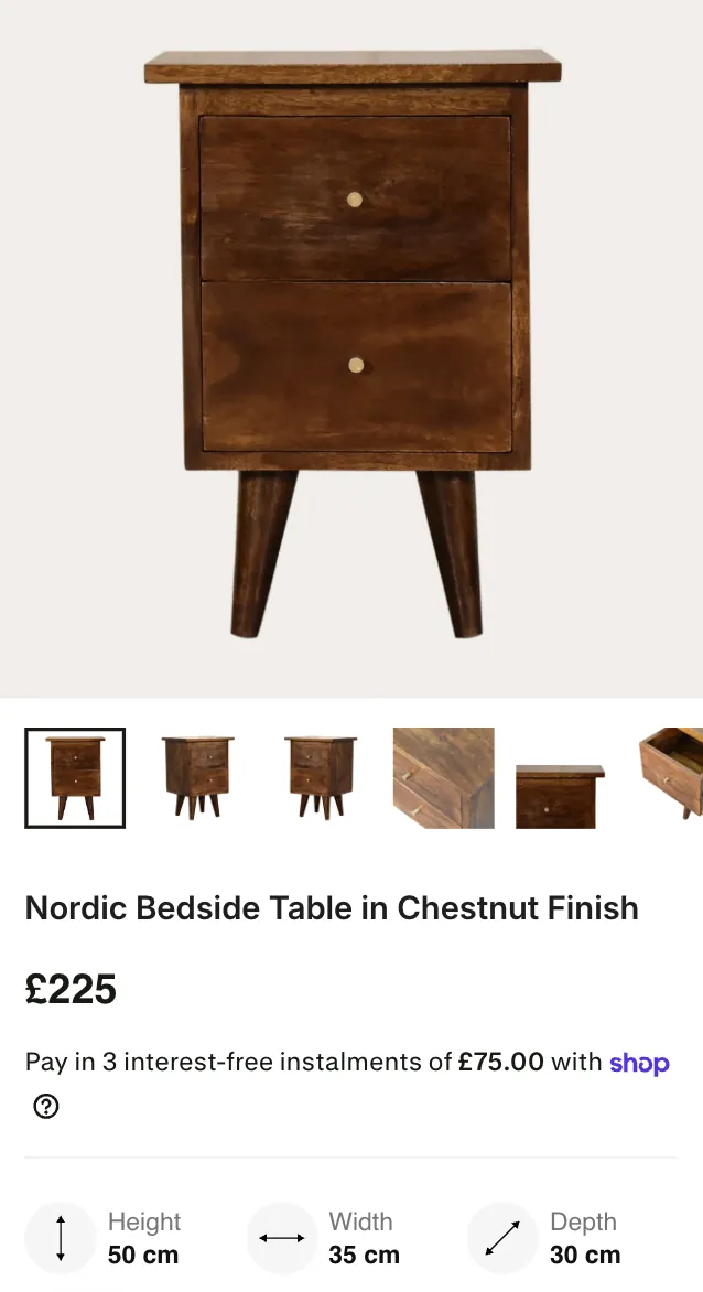 Ashford Furniture — Mobile product page with price, instalment option and height, width and depth.