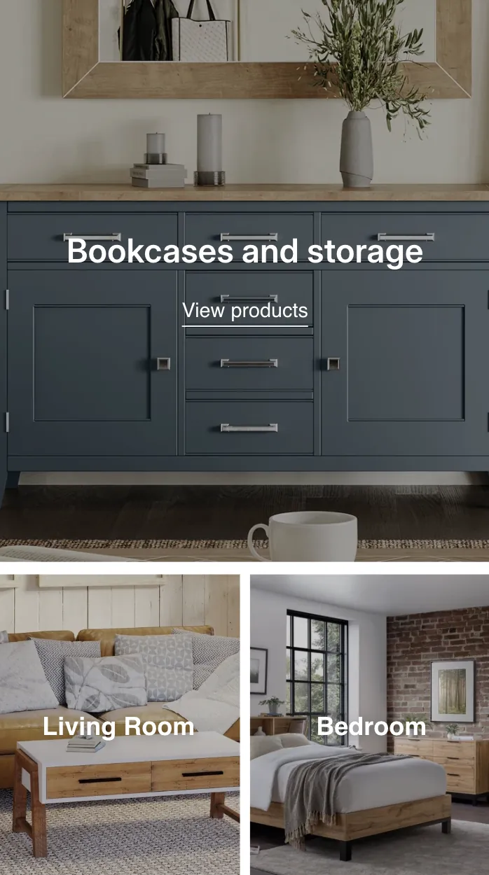 Ashford Furniture — Mobile storefront showing a bookcases and storage tile with living room and bedroom links.