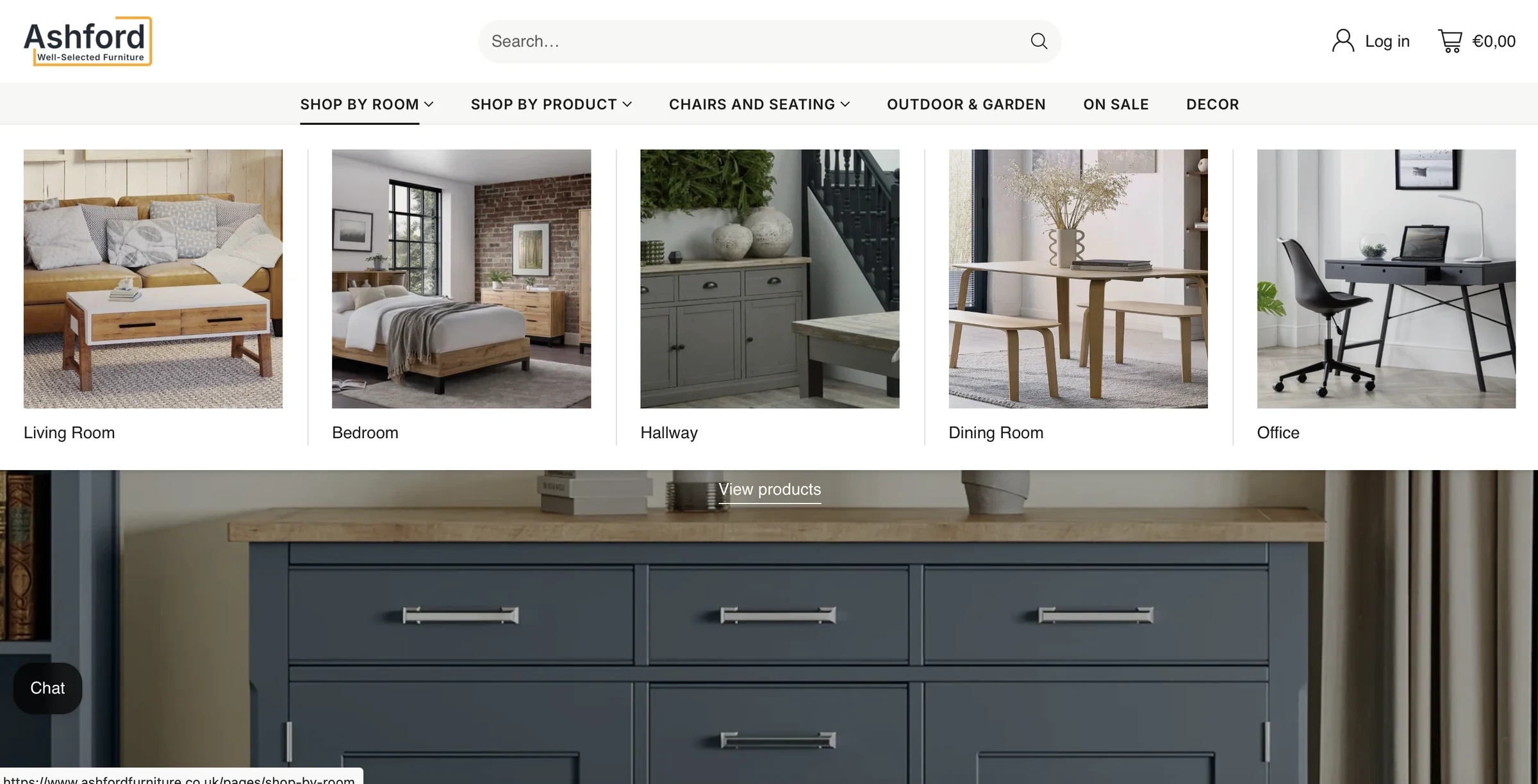 Ashford Furniture — Image-led mega menus help customers shop by room.
