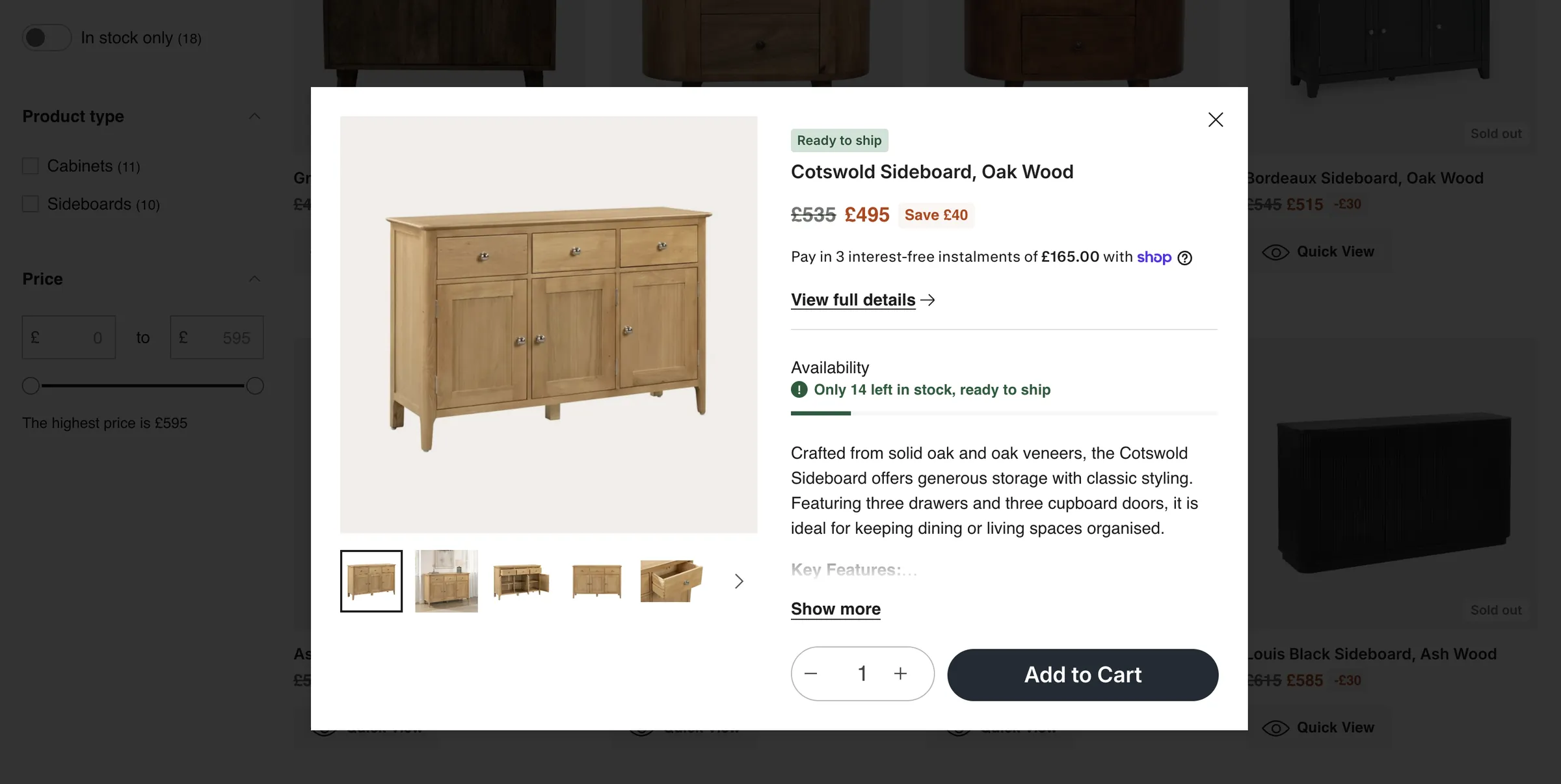 Ashford Furniture — A quick view panel with price saving, instalment payment option, stock count and add to cart, beside in-stock, product type and price filters.