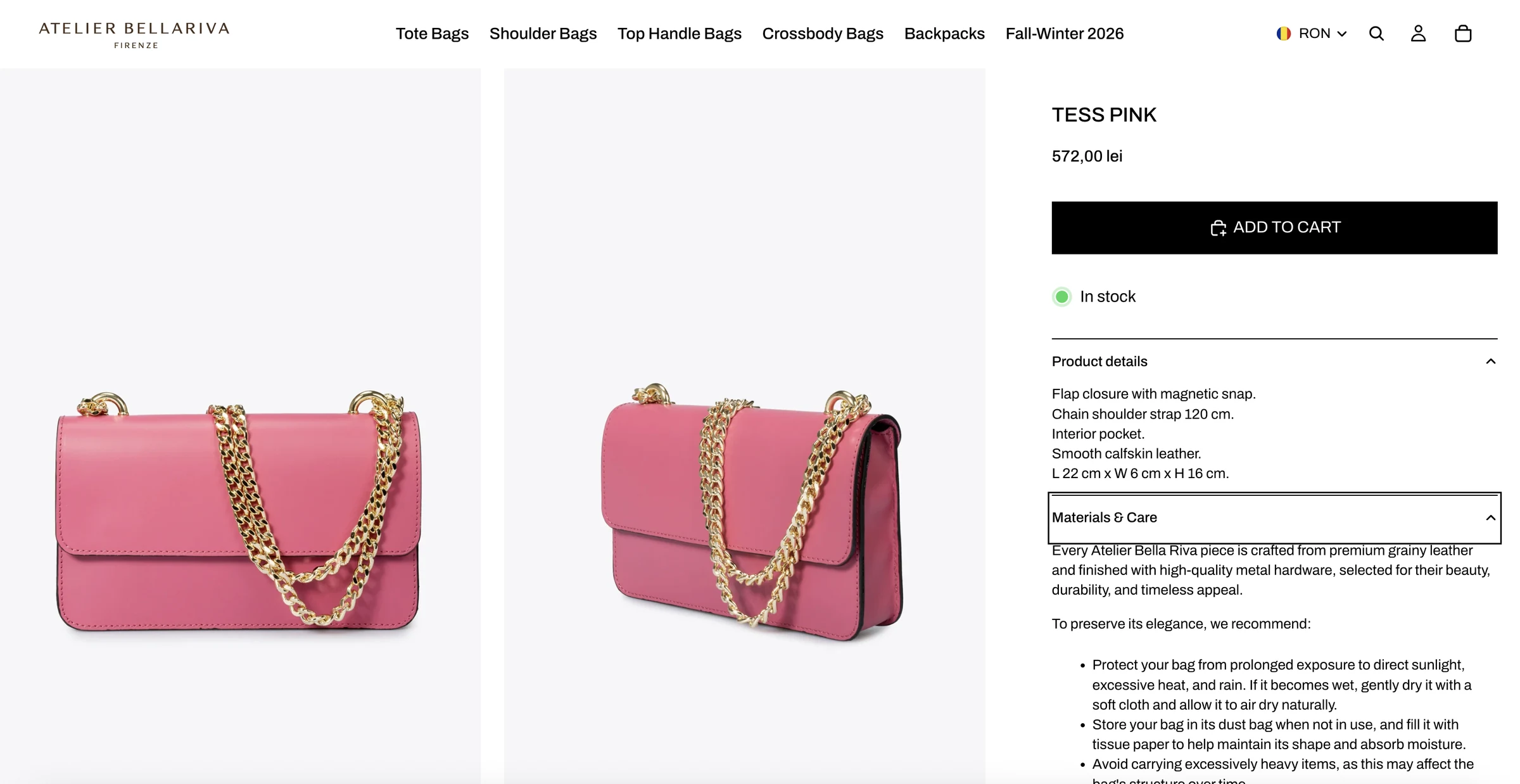 Atelier Bellariva — Product imagery, availability and care information presented together.