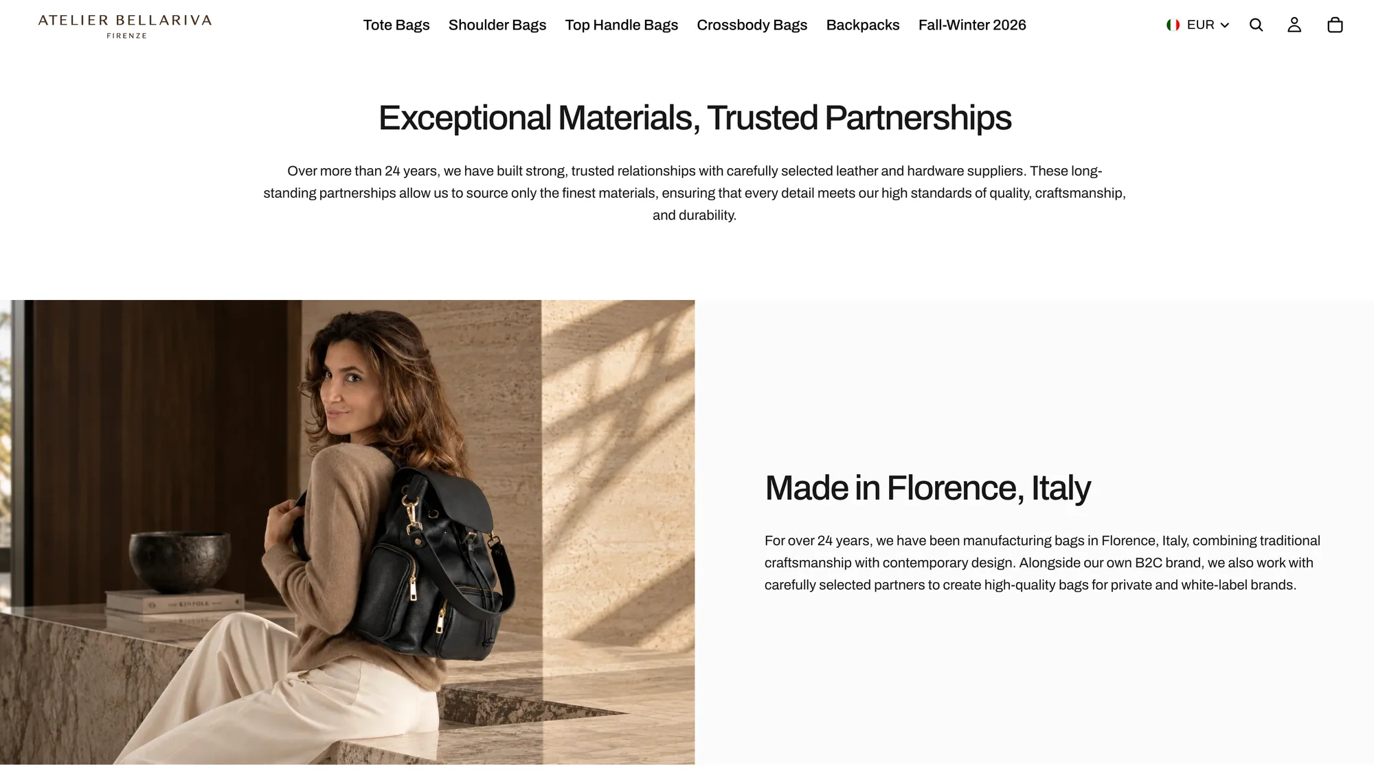 Atelier Bellariva — Brand storytelling presenting materials and craftsmanship in Florence.
