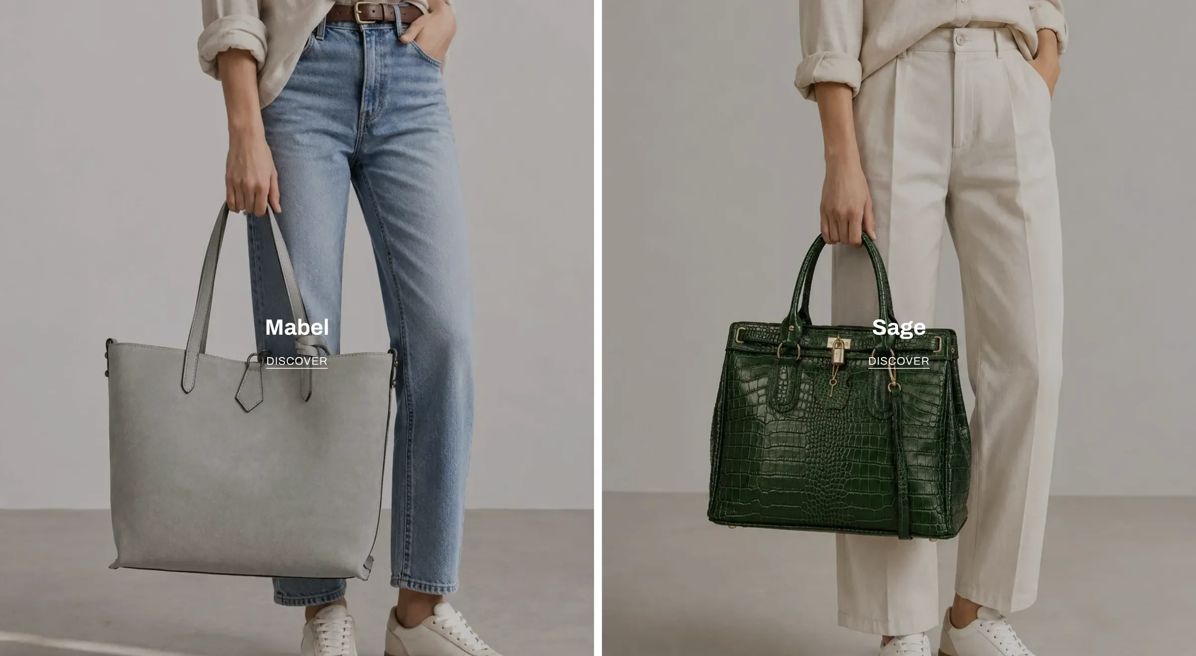 Atelier Bellariva — Side-by-side Mabel and Sage bag features linking to the products.