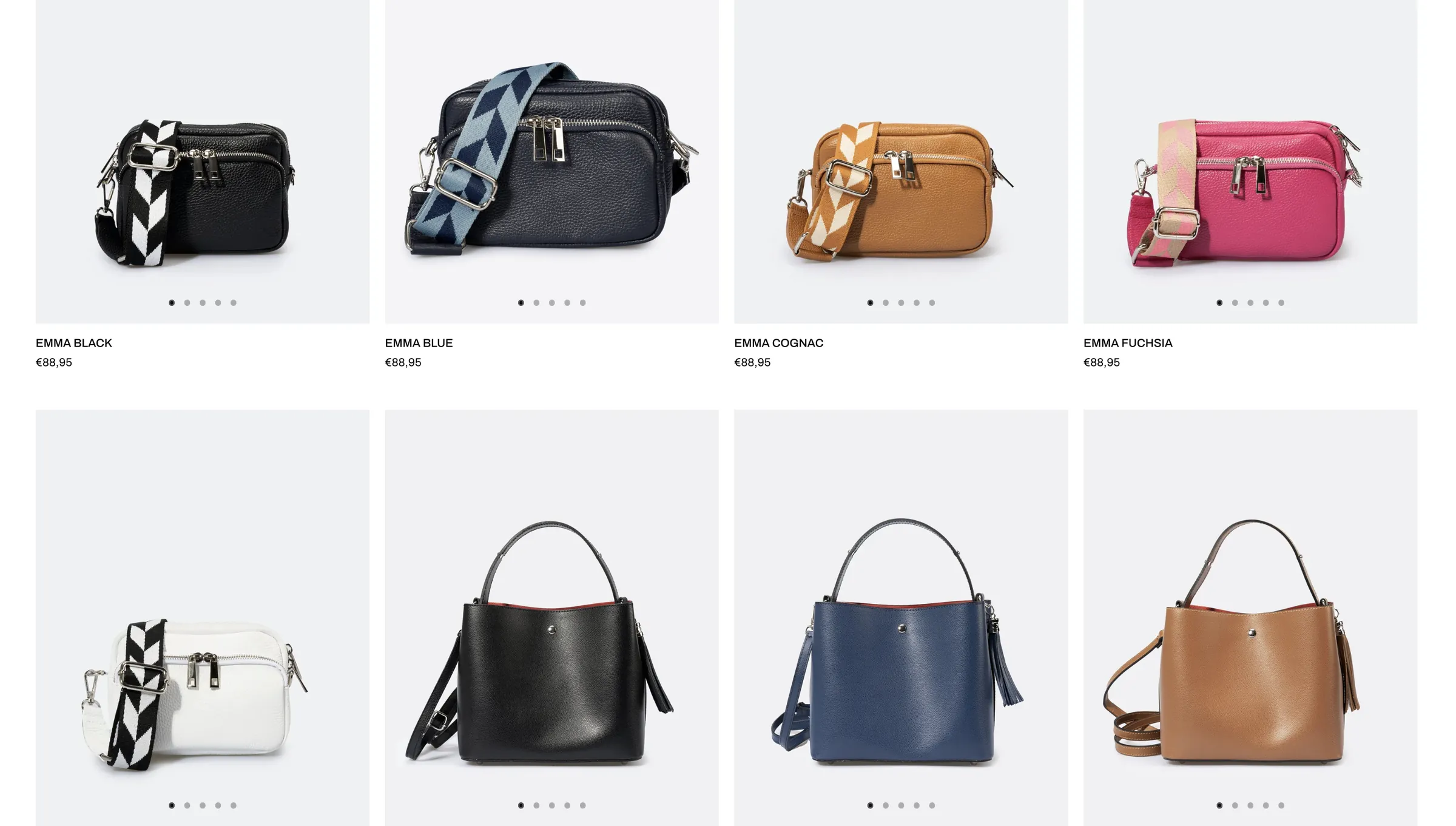 Atelier Bellariva — A product listing of crossbody and bucket bags in several colours, with names, prices and image indicators.