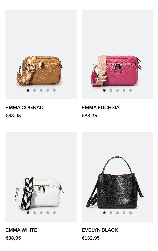 Atelier Bellariva — Mobile product listing with two columns of bags, names and prices.