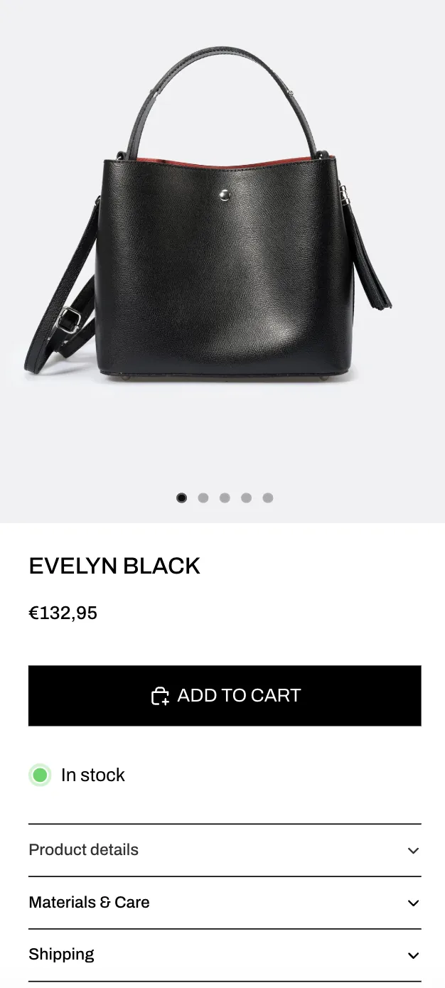 Atelier Bellariva — Mobile product page for the Evelyn Black bag with price, add to cart, stock status and expandable details.
