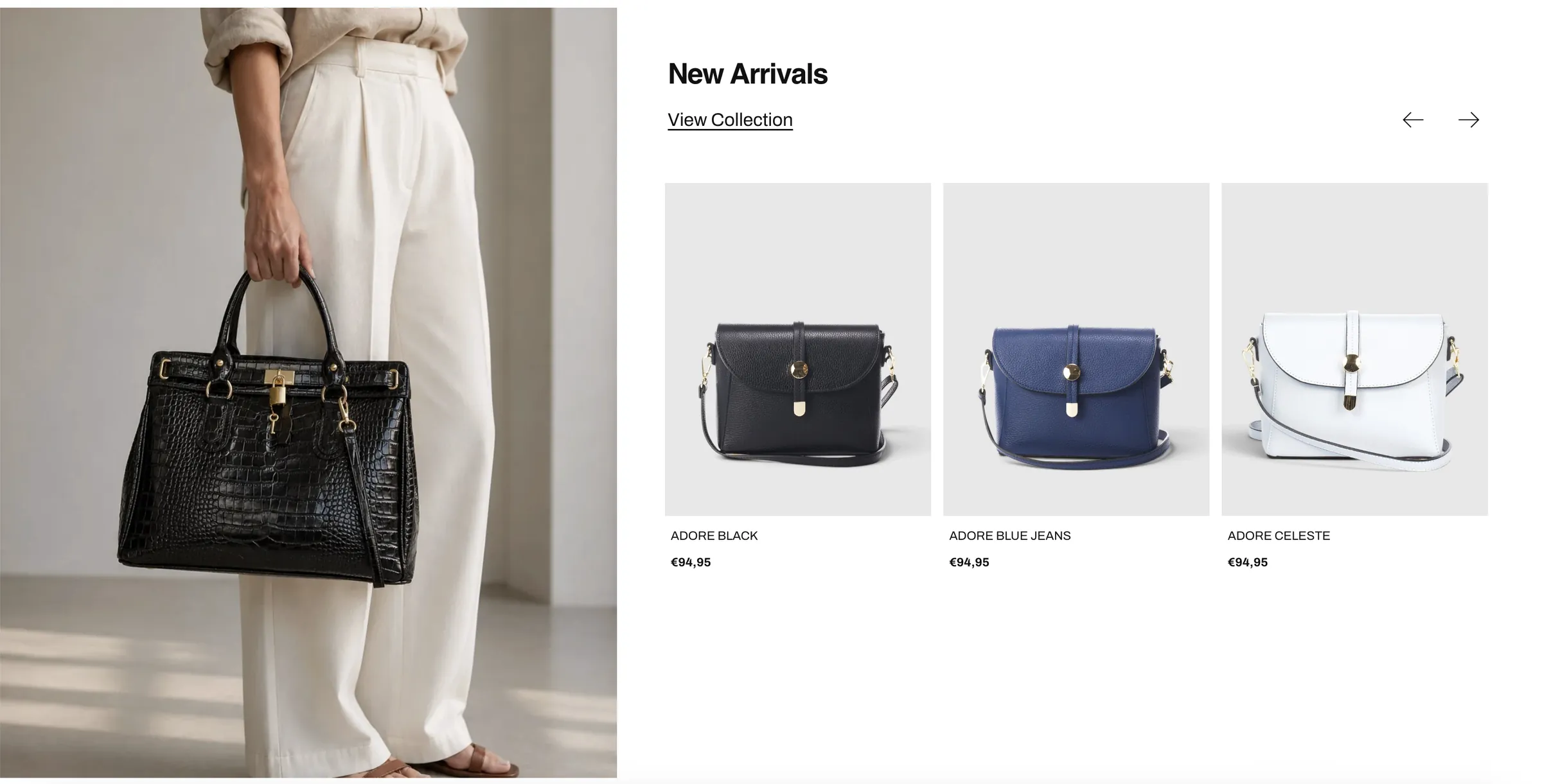 Atelier Bellariva — A New Arrivals carousel beside campaign photography, with product names and prices.