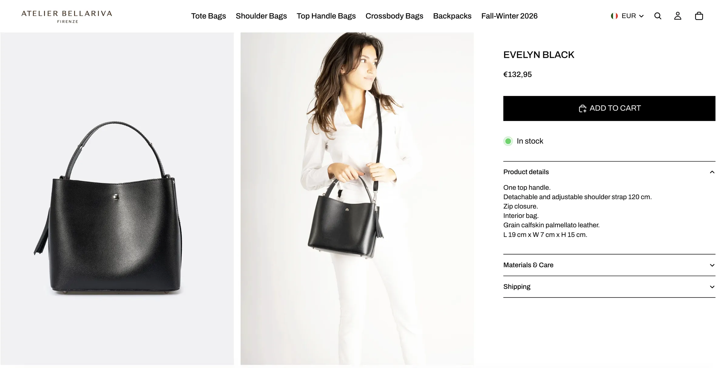 Atelier Bellariva — A product page for the Evelyn Black bag with studio and model photography, price, stock status, add to cart and expandable details.
