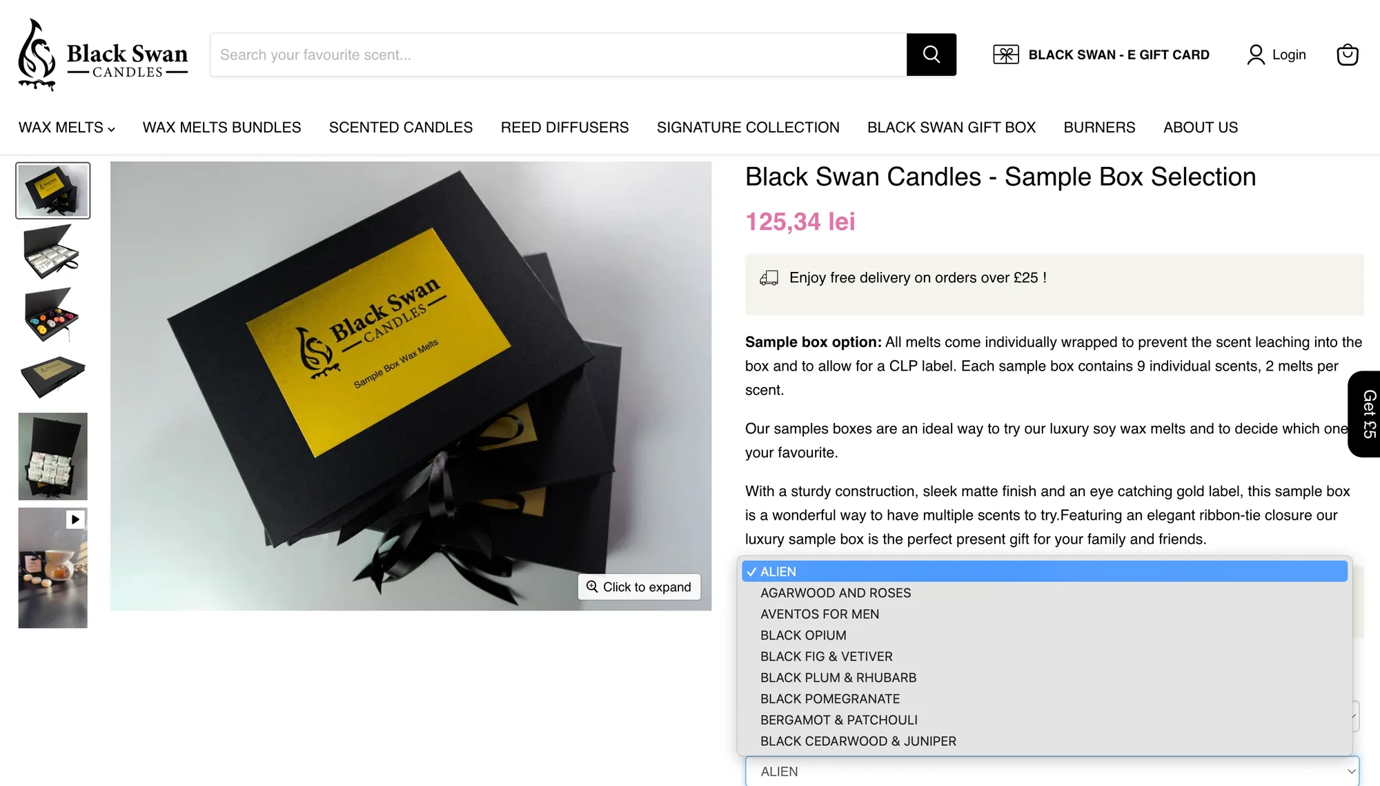Black Swan Candles — Sample box product page with scent selectors for customers to personalise their box.