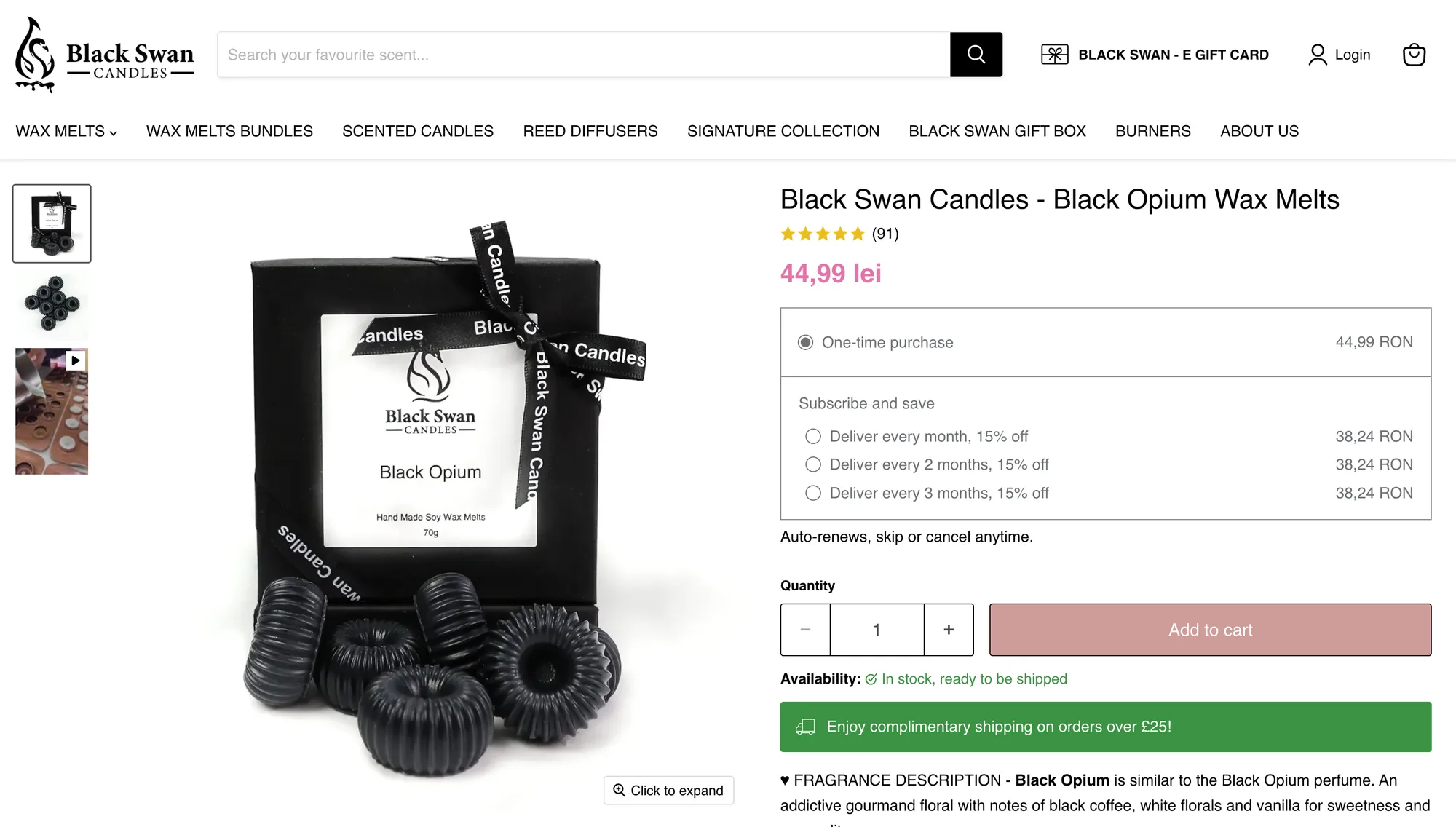 Black Swan Candles — Wax melt product page with one-time purchase and recurring delivery options.