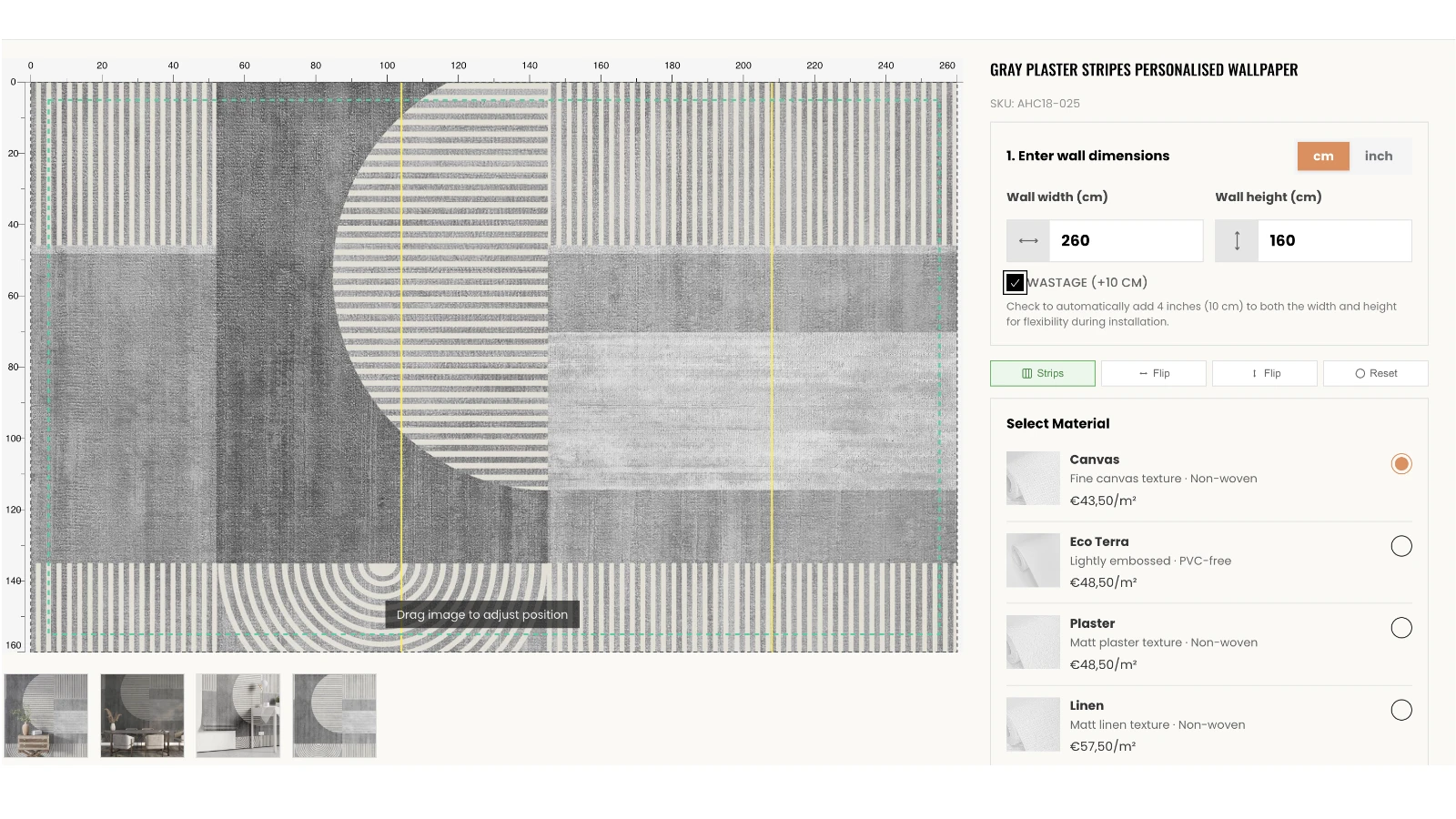 Custom wallpaper calculator with width and height inputs, cutting allowance, adjustable artwork preview and material prices per square metre.