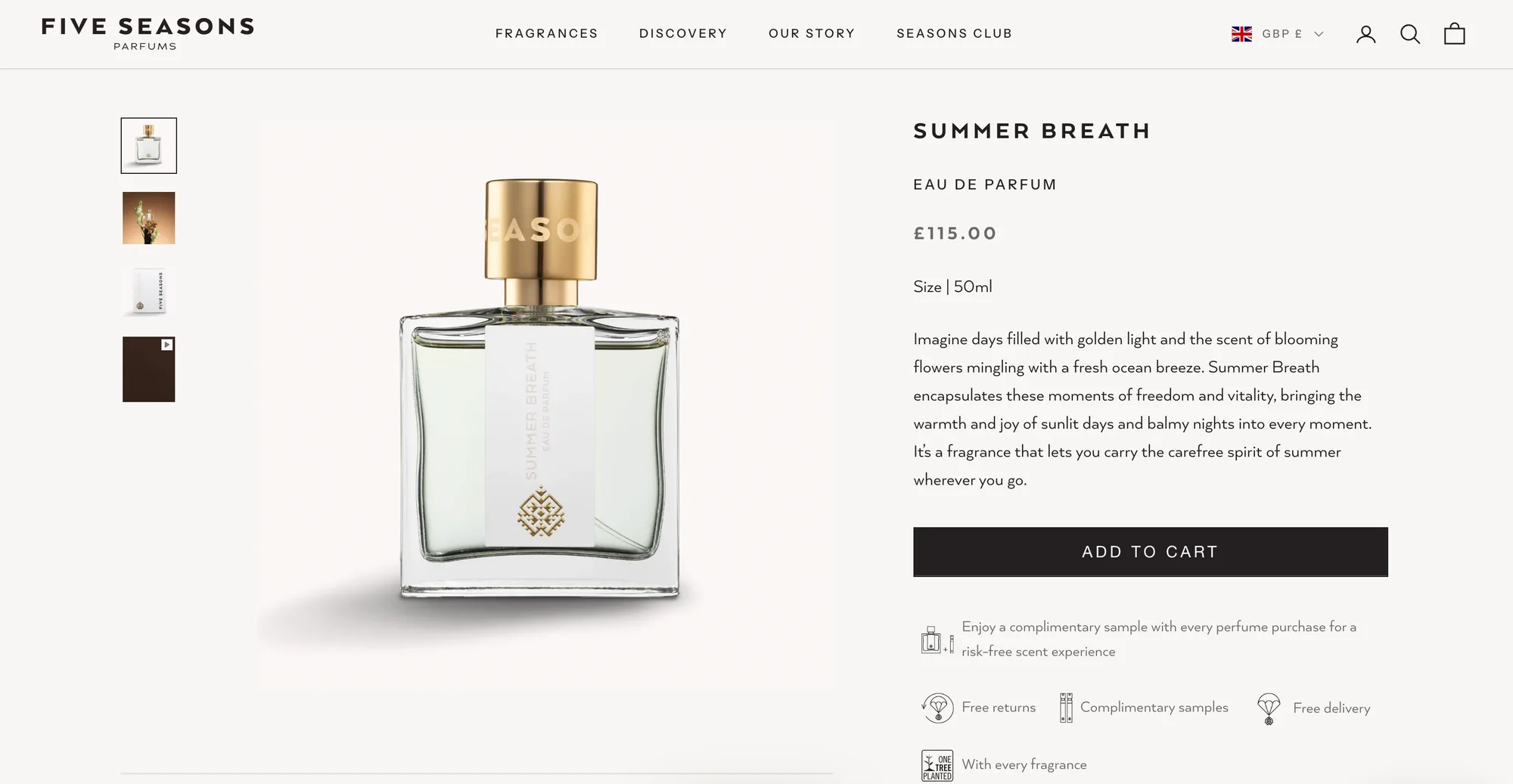 Five Seasons Parfums — Summer Breath product page with a bottle gallery, fragrance description and purchase options.