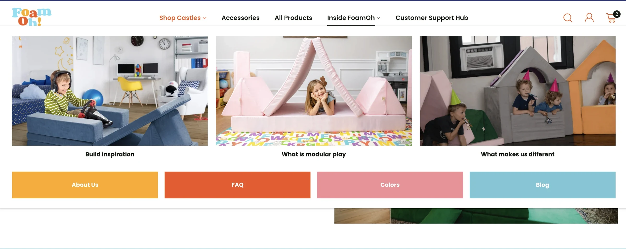 Foamoh — A visual mega menu connects shoppers with play inspiration and brand information.