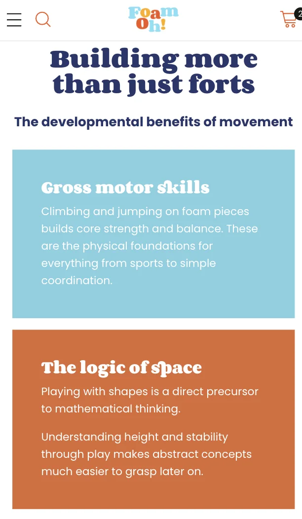 FoamOh — Mobile content cards explaining movement and spatial play.