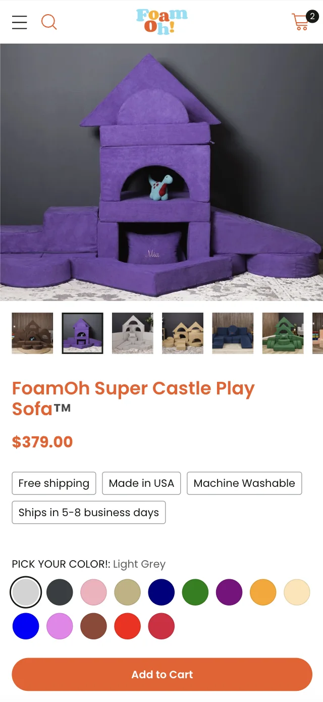 FoamOh — Mobile product page with image gallery, colour swatches and add to cart.