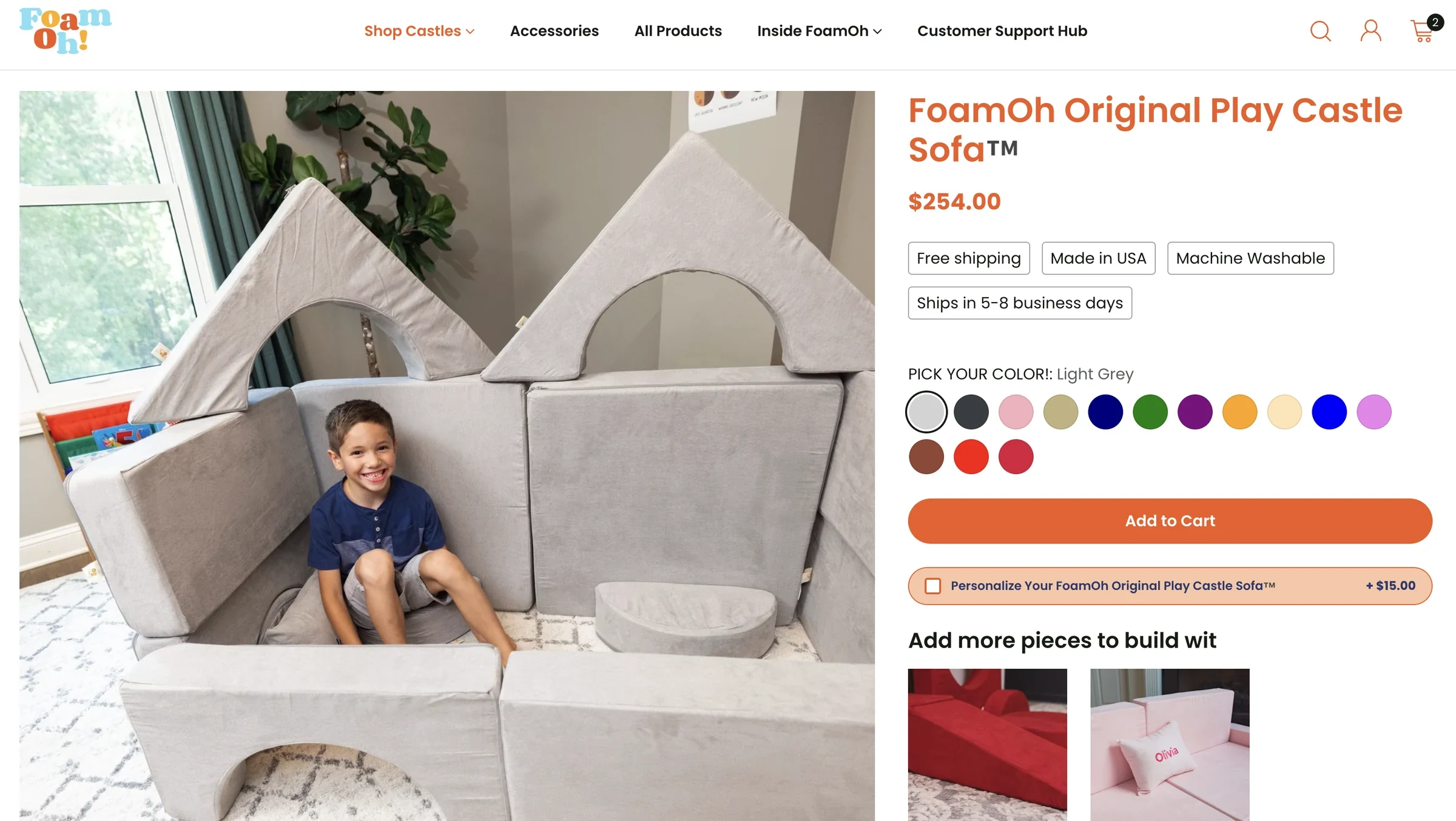 Foamoh — Colour choices and an optional personalisation add-on sit directly in the buying journey.