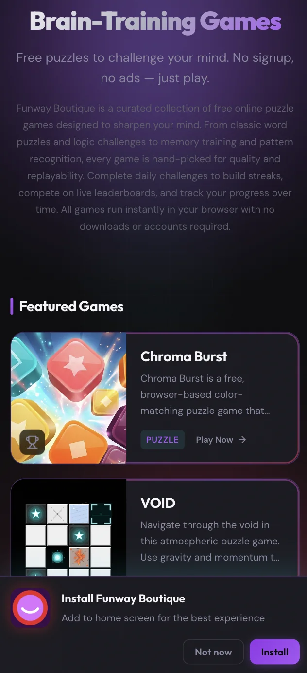 Funway Boutique — Mobile featured games and home-screen installation prompt.