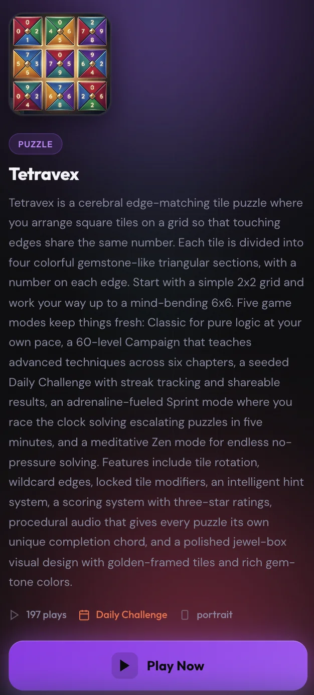 Funway Boutique — Tetravex game introduction and play button on mobile.