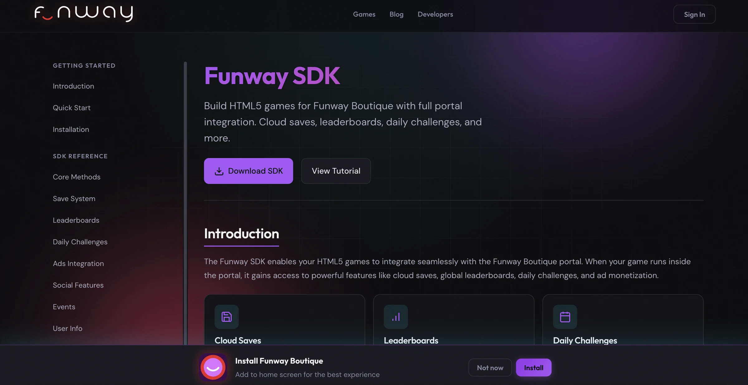 Funway Boutique — The developer area documents the Funway SDK and its platform integrations.