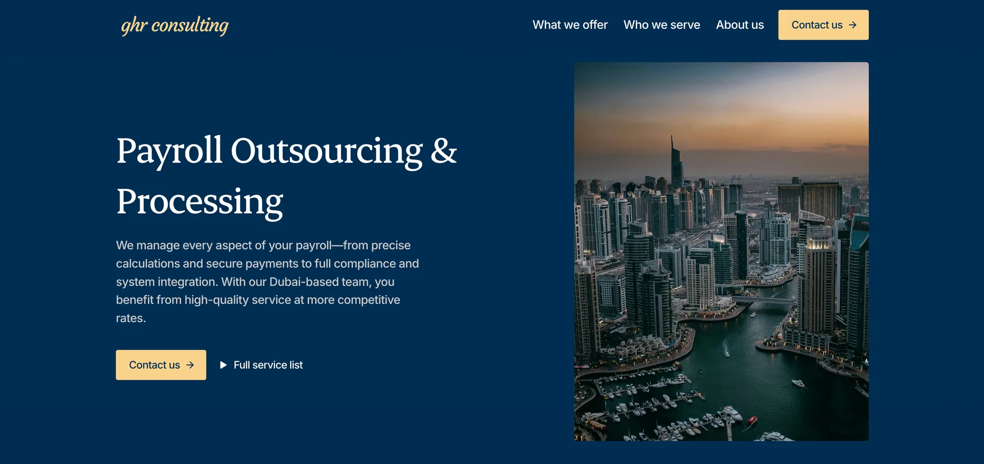 GHR Consulting homepage with payroll services and Dubai skyline photography