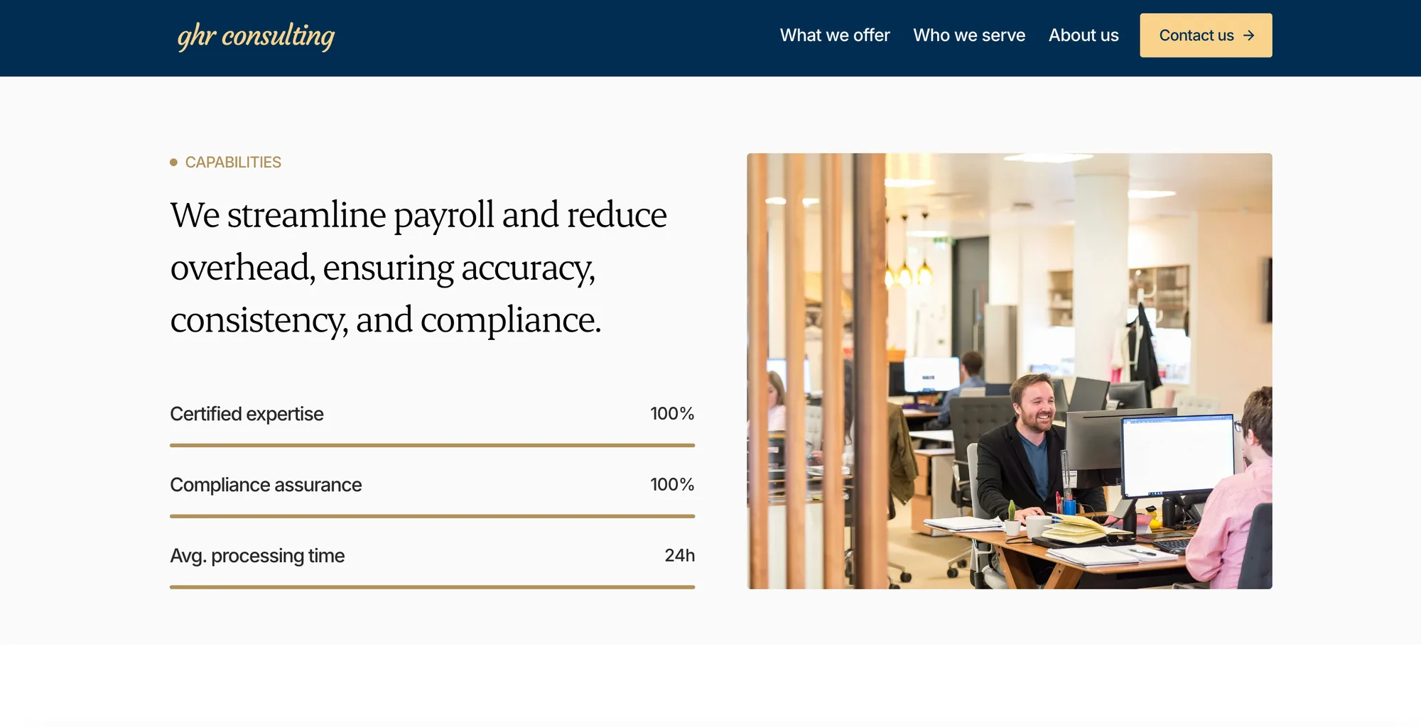 GHR Consulting — The capabilities section pairs company information with workplace photography.