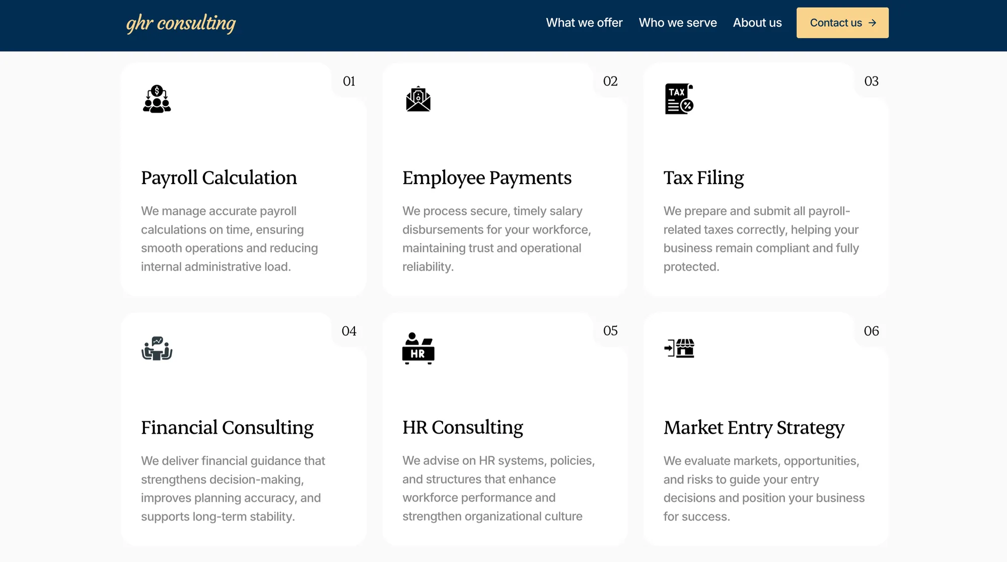 GHR Consulting — Service cards organise payroll, HR and business consultancy offerings.