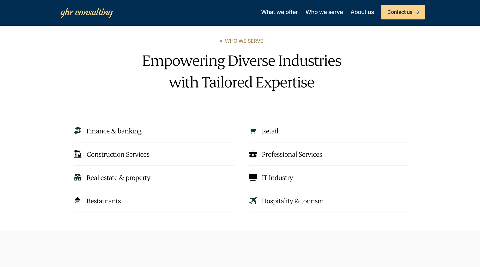 GHR Consulting — An industry overview presents the sectors served by GHR Consulting.