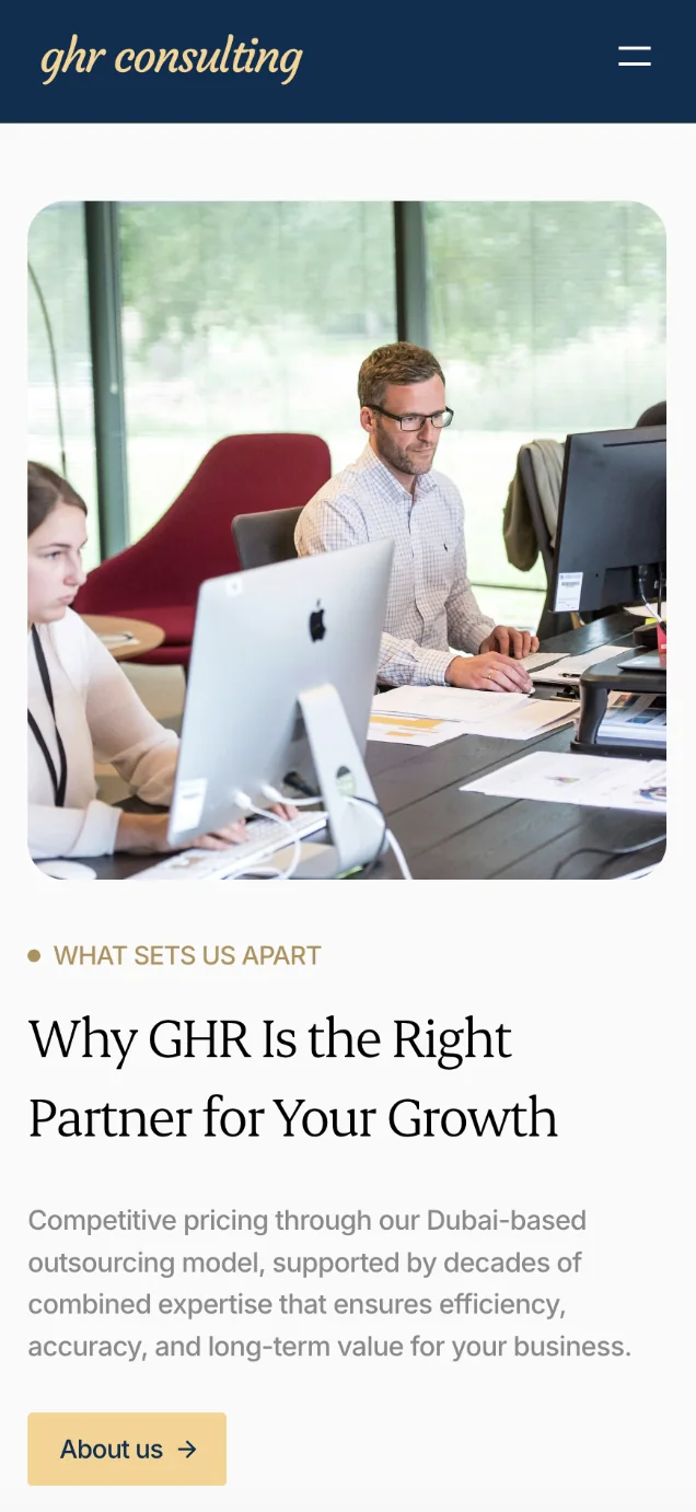 GHR Consulting — Mobile company introduction with team photography.
