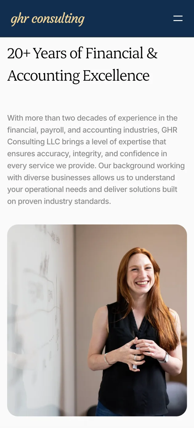 GHR Consulting — Mobile experience page with text and portrait photography.