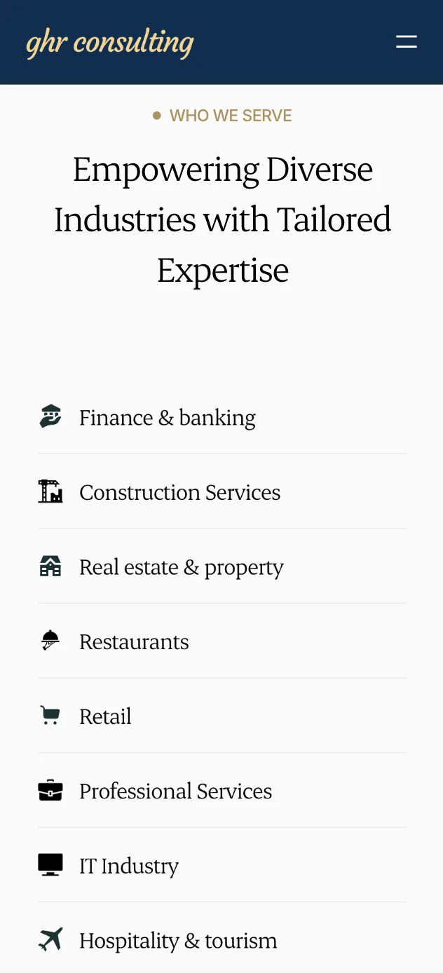 GHR Consulting — Mobile list of industries served.