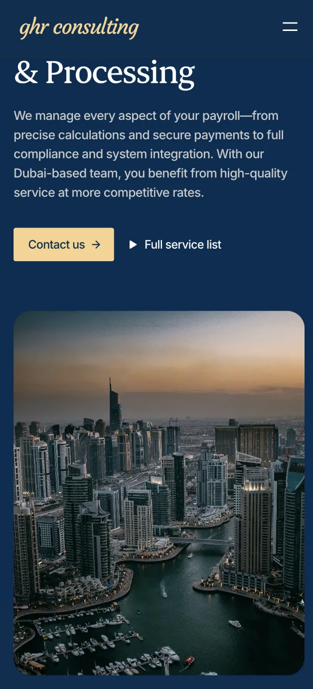 GHR Consulting — Mobile payroll introduction with Dubai photography and contact link.