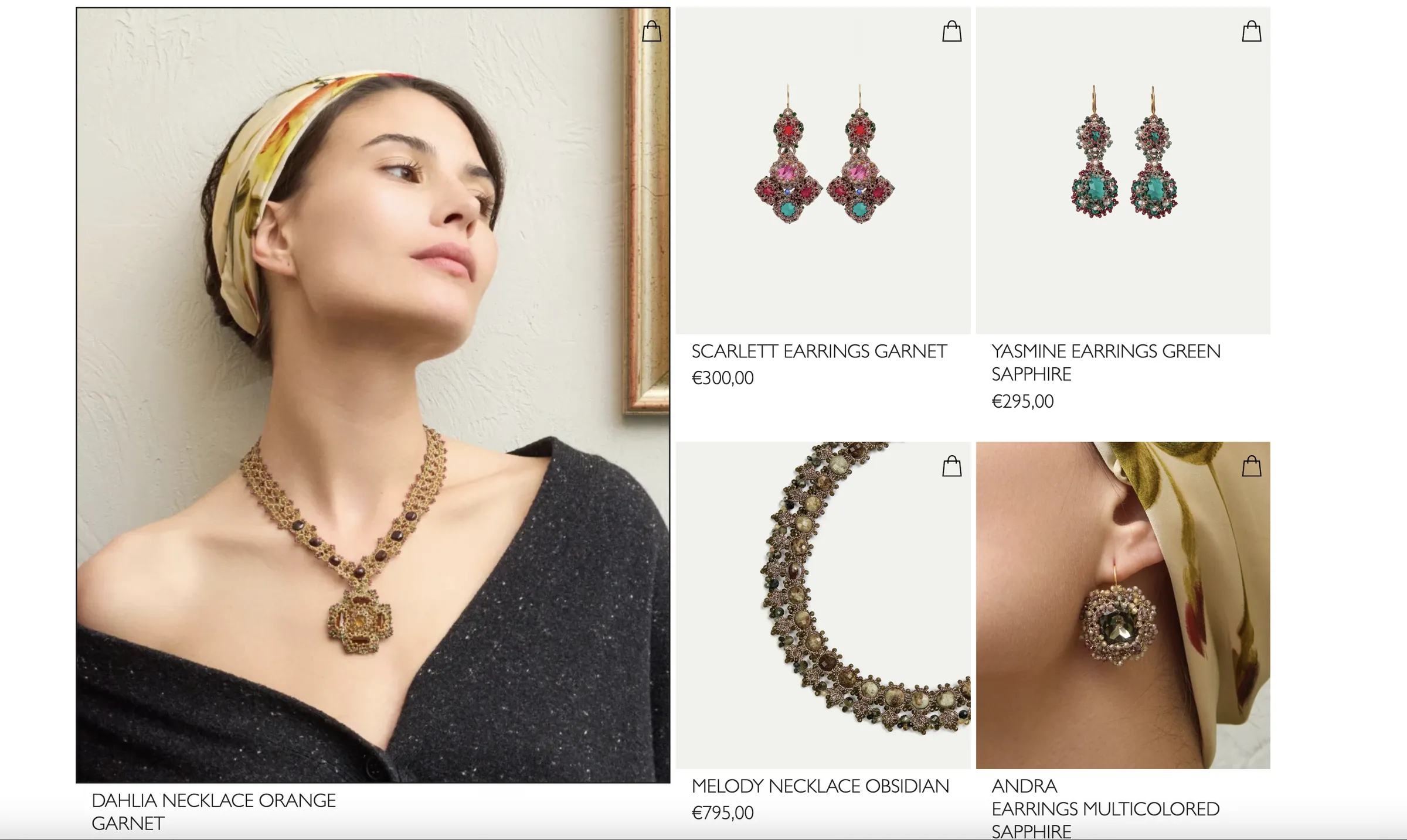 Lorina Balteanu — A collection grid mixing model photography and product shots, with a quick add-to-bag icon on each item.