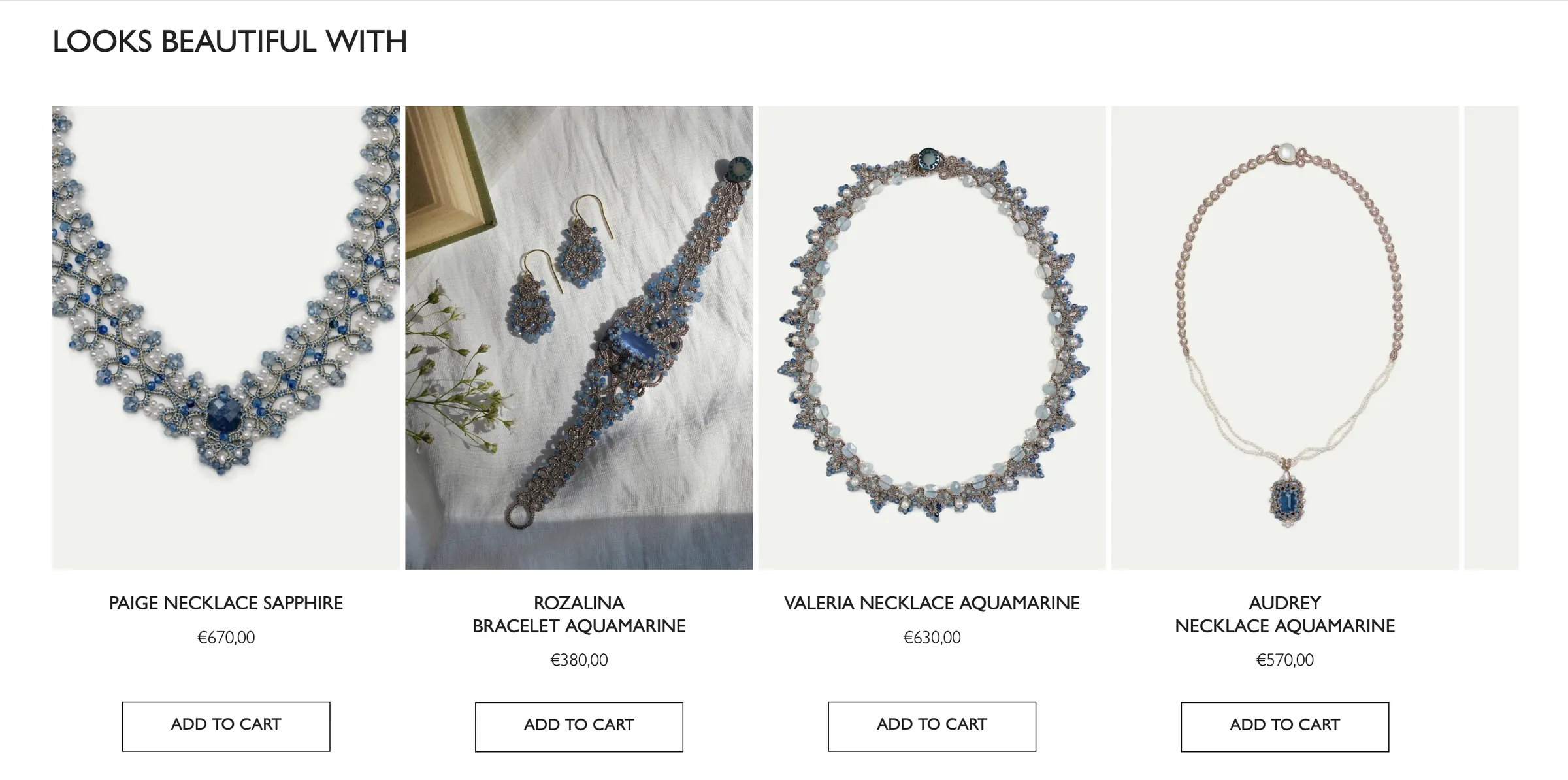 Lorina Balteanu — A “Looks beautiful with” carousel of matching necklaces and a bracelet, each with an add to cart button.