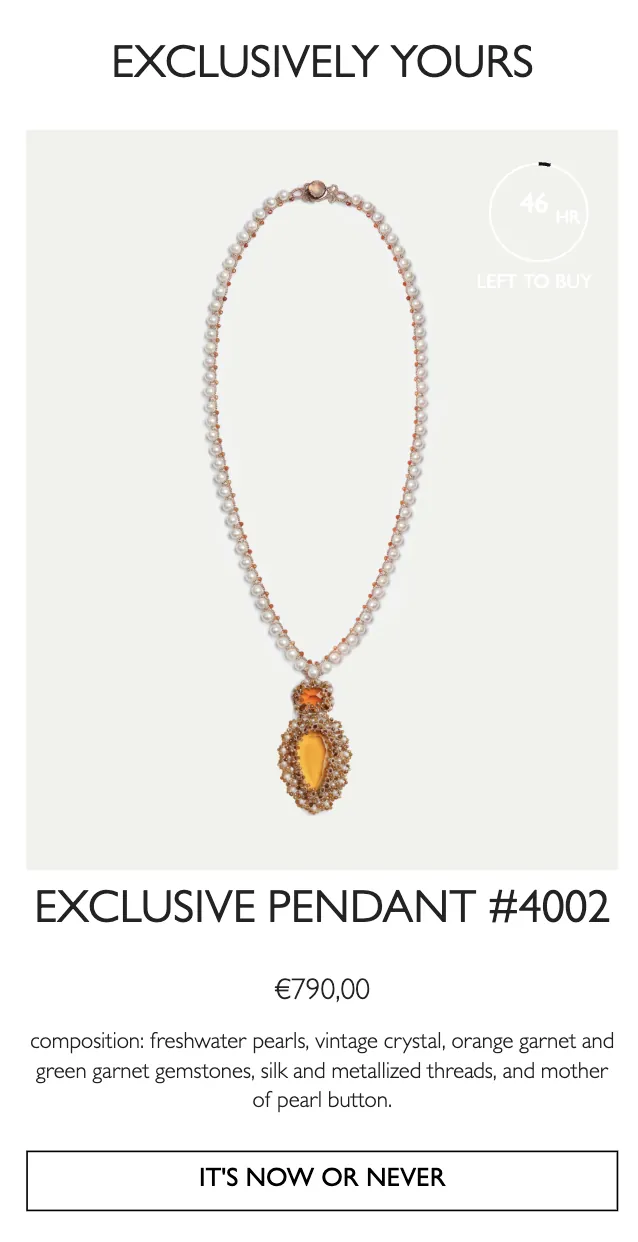 Lorina Balteanu — Mobile “Exclusively yours” feature showing a pendant necklace, a countdown timer and an It’s now or never button.