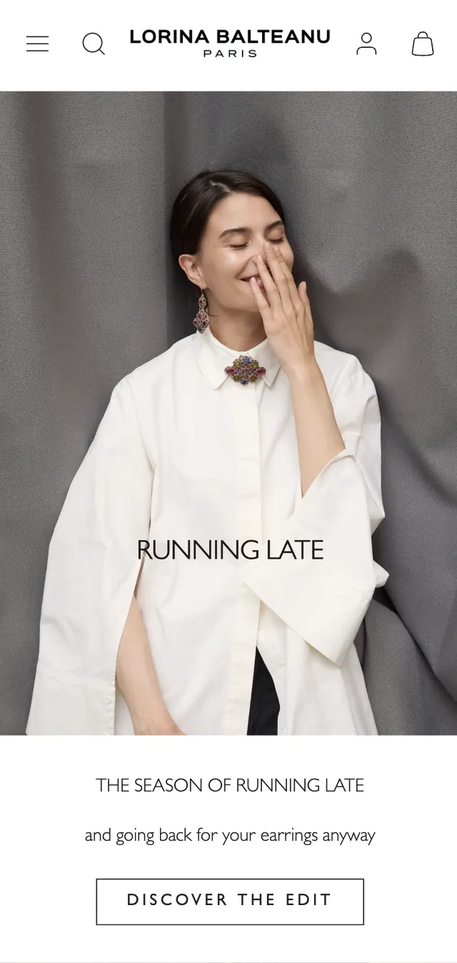 Lorina Balteanu — Mobile homepage with a full-width campaign image, “Running late” headline and a Discover the edit button.