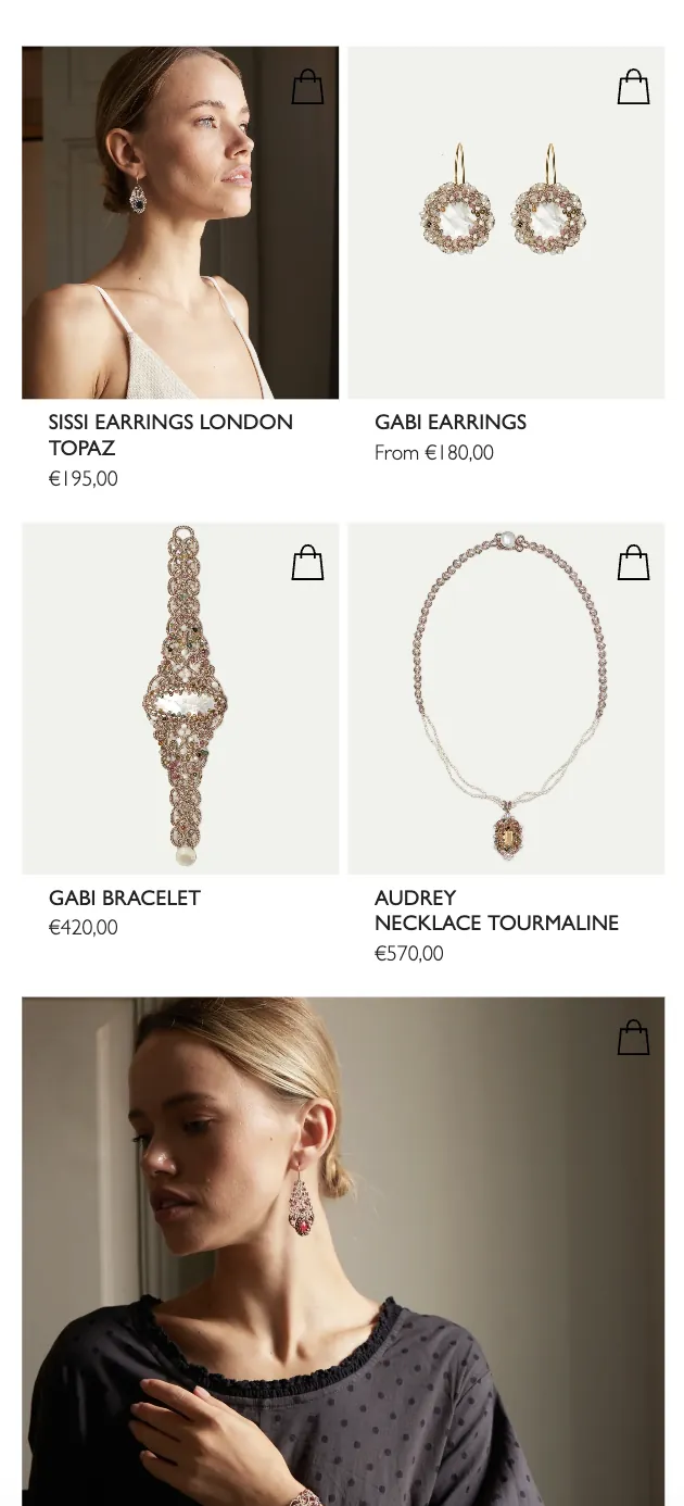 Lorina Balteanu — Mobile product listing mixing model photography and product shots with prices and quick add-to-bag icons.