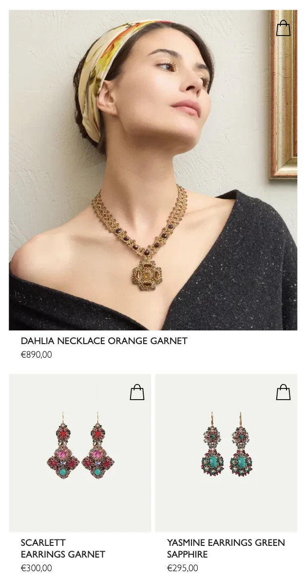 Lorina Balteanu — Mobile product listing featuring a necklace on a model, with earrings below.
