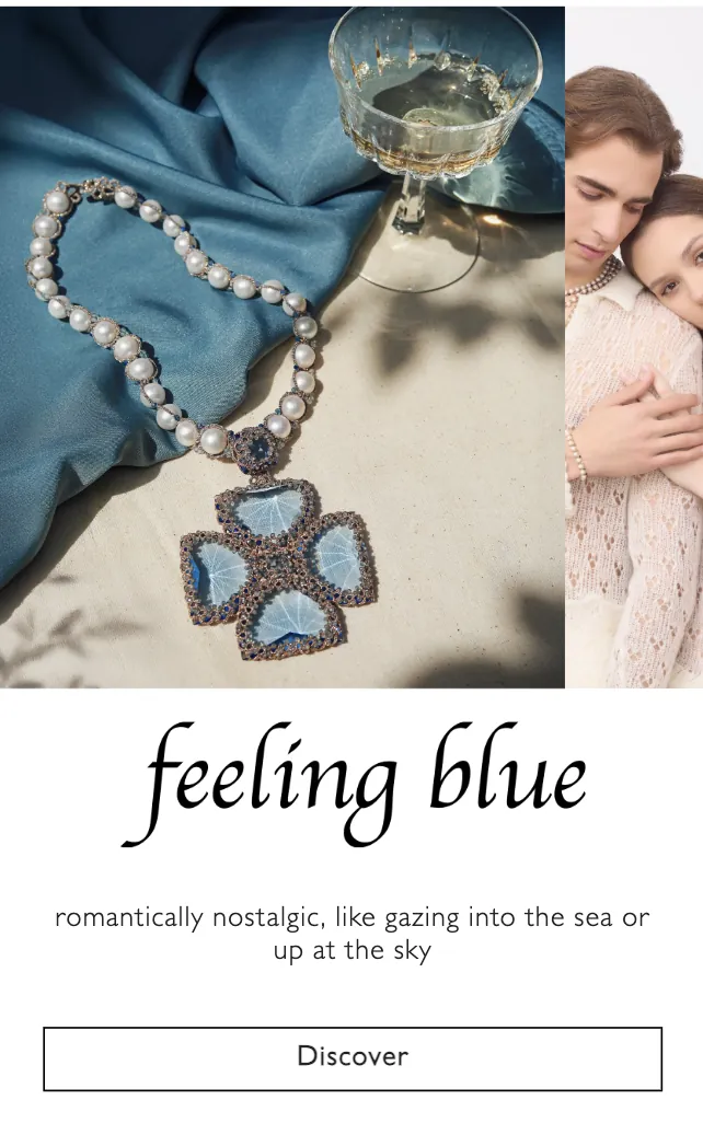 Lorina Balteanu — Mobile “feeling blue” mood block with a necklace photograph and a Discover button.
