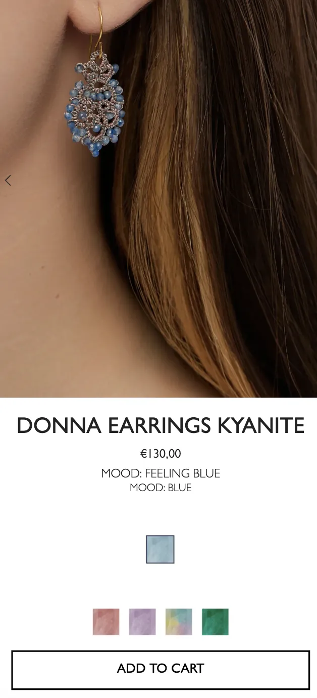 Lorina Balteanu — Mobile product page with a large close-up image, price, mood, colour options and an Add to cart button.