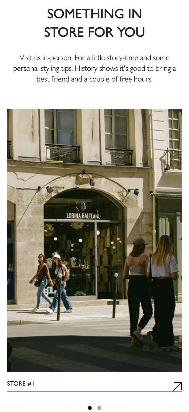 Lorina Balteanu — Mobile “Something in store for you” section with a photograph of the Paris boutique.