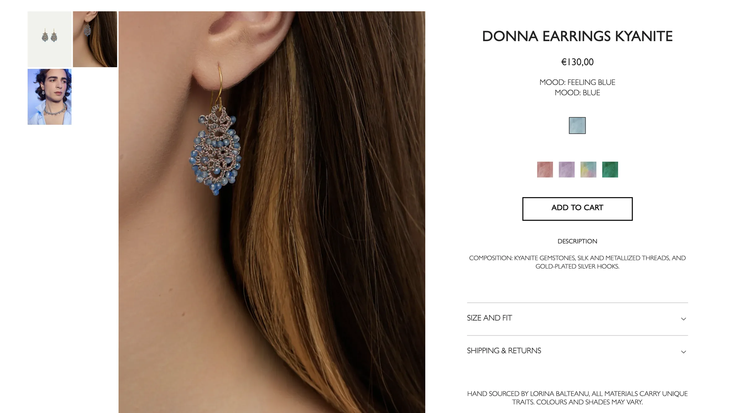 Lorina Balteanu — A product page with large photography, price, mood, colour options, add to cart and size, fit and shipping details.