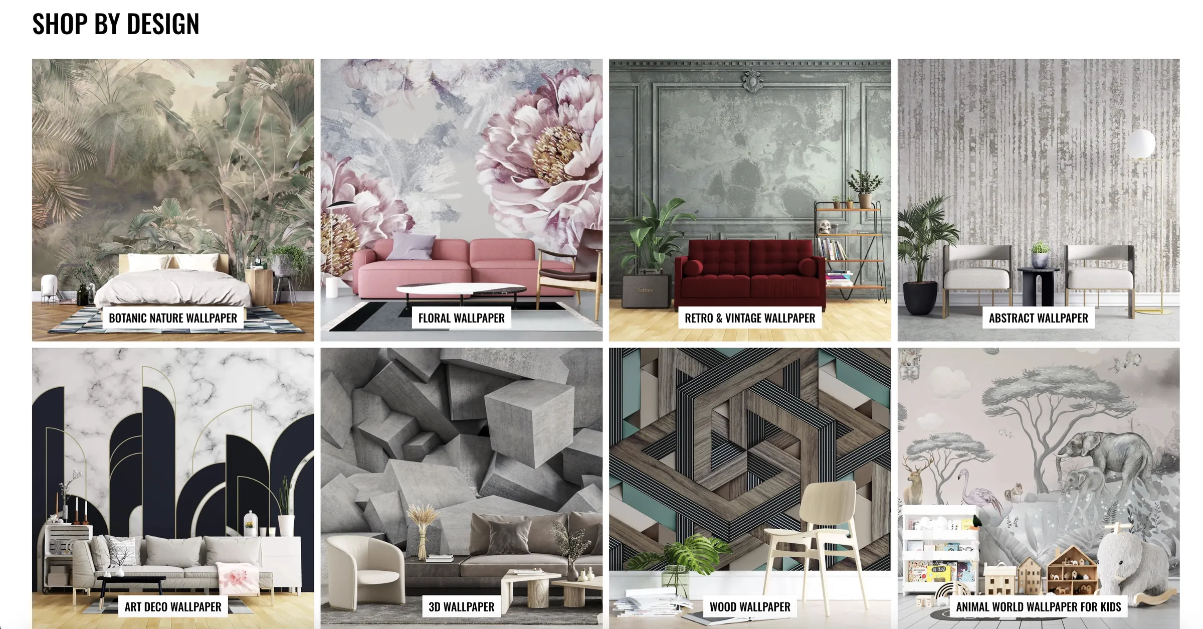 Lunera Wallpaper — Shop by design grid covering botanic, floral, retro and vintage, abstract, art deco, 3D, wood and kids’ wallpaper.