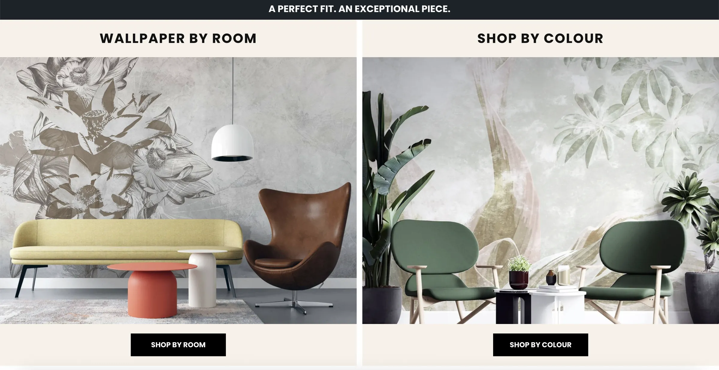 Lunera Wallpaper — Wallpaper by room and by colour, with large room-setting images and clear shop buttons.