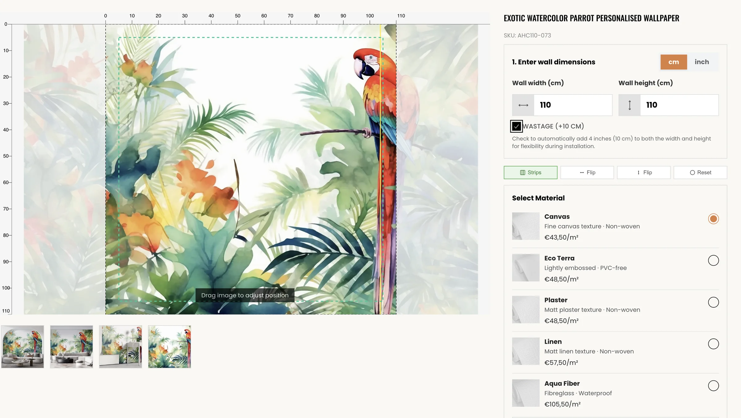Lunera's wallpaper calculator with wall dimensions, adjustable artwork preview, wastage allowance and material selection.